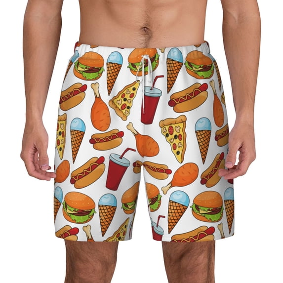 Lsque Mens Swim Trunks Hot Dog Burger Pattern - Bathing Suit Compression Liner - Beach Swim Shorts Swimwear - (S-3XL) - Stretch Quick Dry -XX-Large
