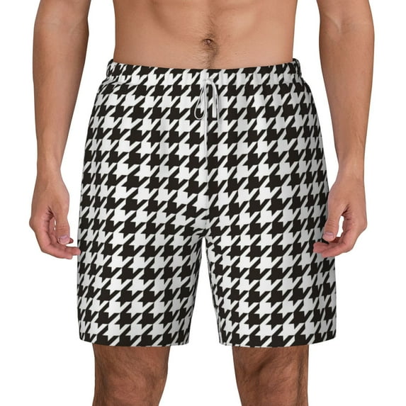 Lsque Mens Swim Trunks Houndstooth Black And White Pattern - Bathing Suit Compression Liner - Beach Swim Shorts Swimwear - (S-3XL) - Stretch Quick Dry -Medium