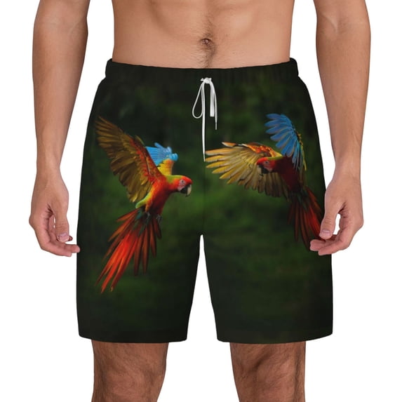 Lsque Mens Swim Trunks Hybrid Parrot in the Forest Pattern - Bathing Suit Compression Liner - Beach Swim Shorts Swimwear - (S-3XL) - Stretch Quick Dry -Large