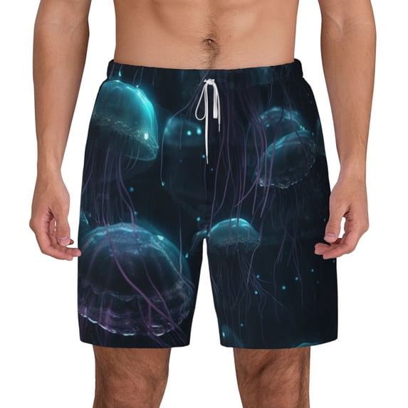 Lsque Mens Swim Trunks Ice blue light spot jellyfish Pattern - Bathing Suit Compression Liner - Beach Swim Shorts Swimwear - (S-3XL) - Stretch Quick Dry -3X-Large