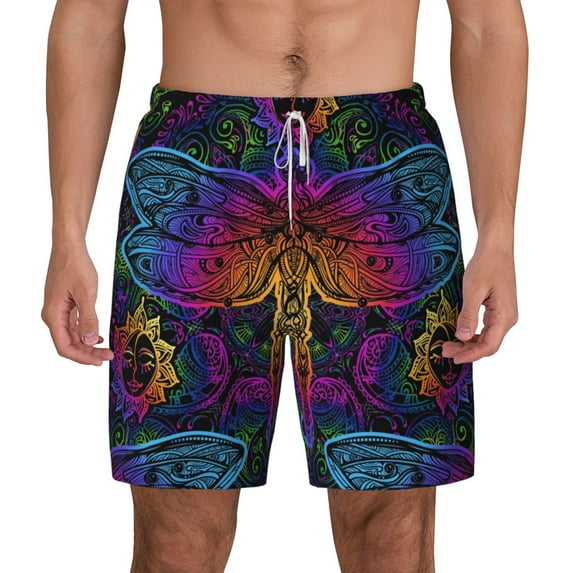 Lsque Mens Swim Trunks Indian Mandalas Dragonfly Pattern - Bathing Suit Compression Liner - Beach Swim Shorts Swimwear - (S-3XL) - Stretch Quick Dry -Small