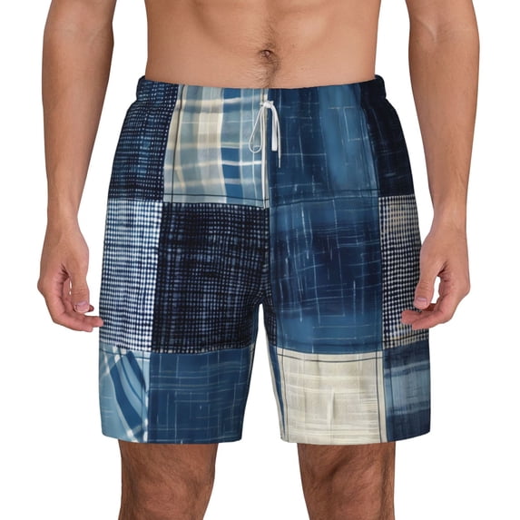 Lsque Mens Swim Trunks Indigo Patchwork Quilt Pattern - Bathing Suit Compression Liner - Beach Swim Shorts Swimwear - (S-3XL) - Stretch Quick Dry -Medium