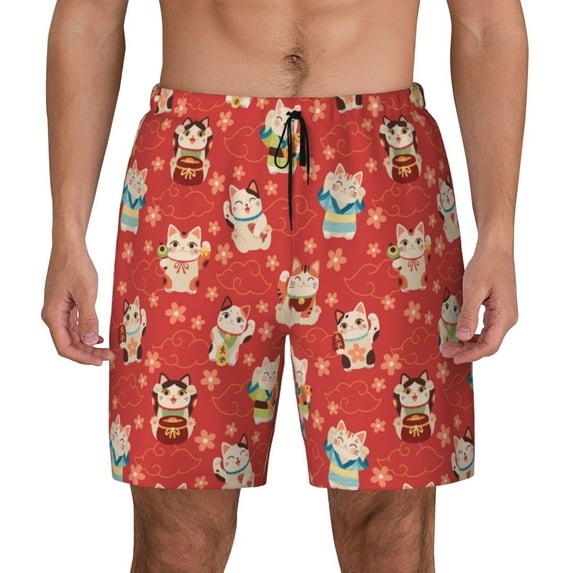 Lsque Mens Swim Trunks Japanese Maneki Cats Pattern - Bathing Suit Compression Liner - Beach Swim Shorts Swimwear - (S-3XL) - Stretch Quick Dry -3X-Large