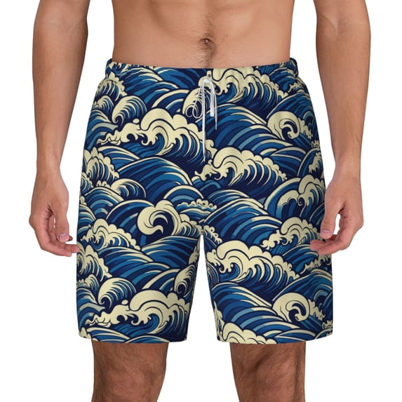 Lsque Mens Swim Trunks Japanese Water Wave Pattern - Bathing Suit Compression Liner - Beach Swim Shorts Swimwear - (S-3XL) - Stretch Quick Dry -3X-Large