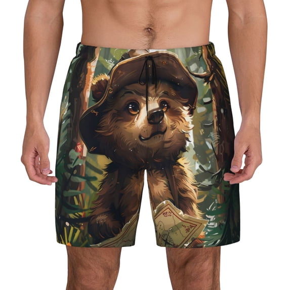 Lsque Mens Swim Trunks Jungle Hat Bear Pattern - Bathing Suit Compression Liner - Beach Swim Shorts Swimwear - (S-3XL) - Stretch Quick Dry -Medium