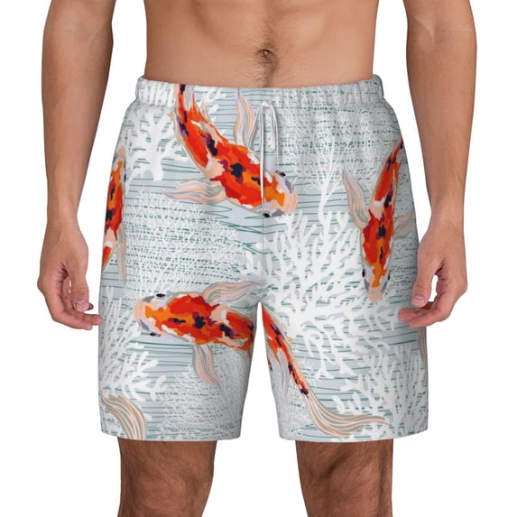 Lsque Mens Swim Trunks Koi Fish Corals,Spring Summer Pattern - Bathing Suit Compression Liner - Beach Swim Shorts Swimwear - (S-3XL) - Stretch Quick Dry -3X-Large