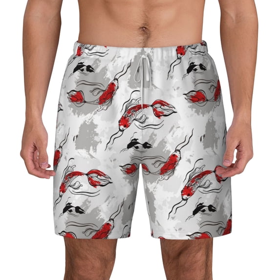 Lsque Mens Swim Trunks Koi Fish Pattern - Bathing Suit Compression Liner - Beach Swim Shorts Swimwear - (S-3XL) - Stretch Quick Dry -Large