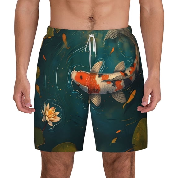 Lsque Mens Swim Trunks Koi Pond Lilies Pattern - Bathing Suit Compression Liner - Beach Swim Shorts Swimwear - (S-3XL) - Stretch Quick Dry -Medium