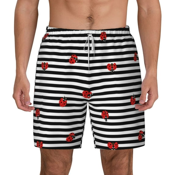 Lsque Mens Swim Trunks Ladybugs on Black and White Striped Pattern - Bathing Suit Compression Liner - Beach Swim Shorts Swimwear - (S-3XL) - Stretch Quick Dry -XX-Large