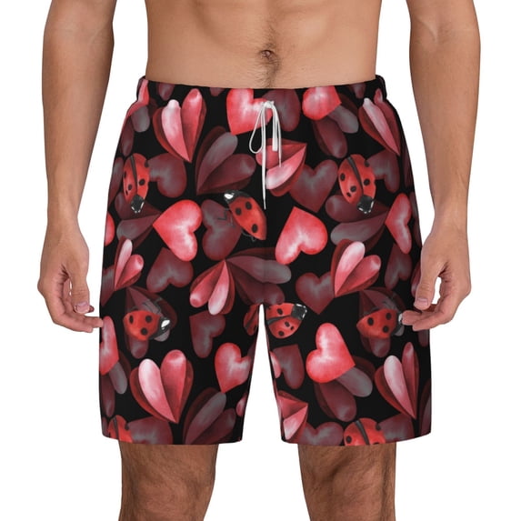 Lsque Mens Swim Trunks Ladybugs and Red Hearts Pattern - Bathing Suit Compression Liner - Beach Swim Shorts Swimwear - (S-3XL) - Stretch Quick Dry -Large
