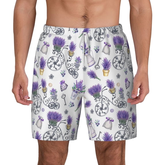 Lsque Mens Swim Trunks Lavender Bicycle Pattern - Bathing Suit Compression Liner - Beach Swim Shorts Swimwear - (S-3XL) - Stretch Quick Dry -Large