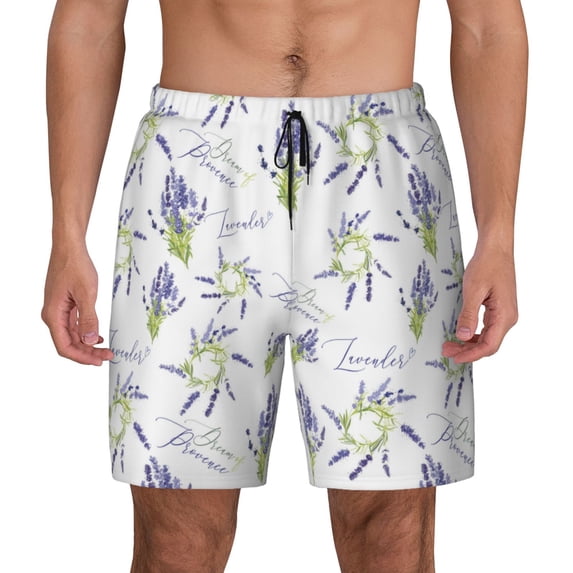 Lsque Mens Swim Trunks Lavender Flowers Pattern - Bathing Suit Compression Liner - Beach Swim Shorts Swimwear - (S-3XL) - Stretch Quick Dry -3X-Large