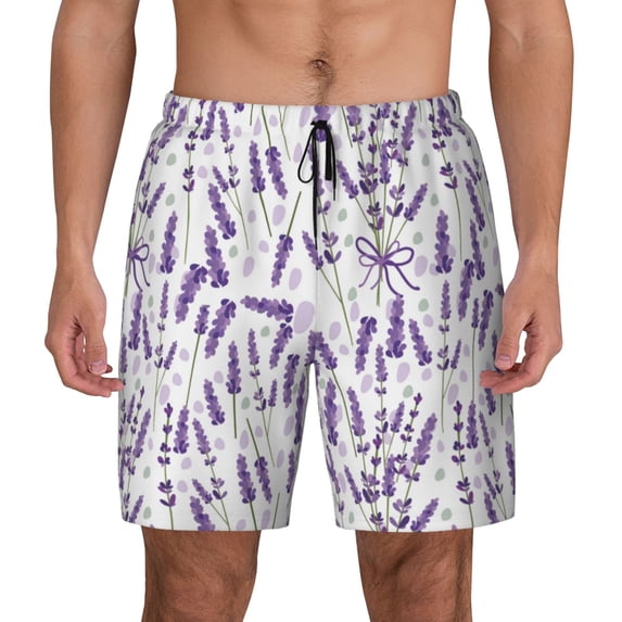 Lsque Mens Swim Trunks Lavender Flowers Pattern - Bathing Suit Compression Liner - Beach Swim Shorts Swimwear - (S-3XL) - Stretch Quick Dry -Small
