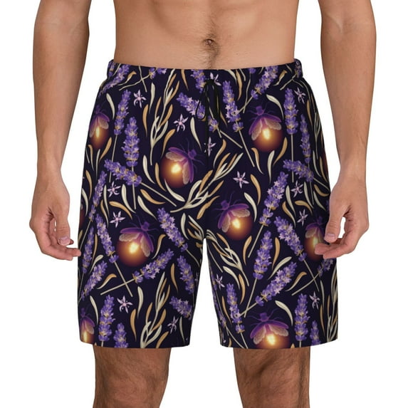 Lsque Mens Swim Trunks Lavender Flowers Pattern - Bathing Suit Compression Liner - Beach Swim Shorts Swimwear - (S-3XL) - Stretch Quick Dry -Small