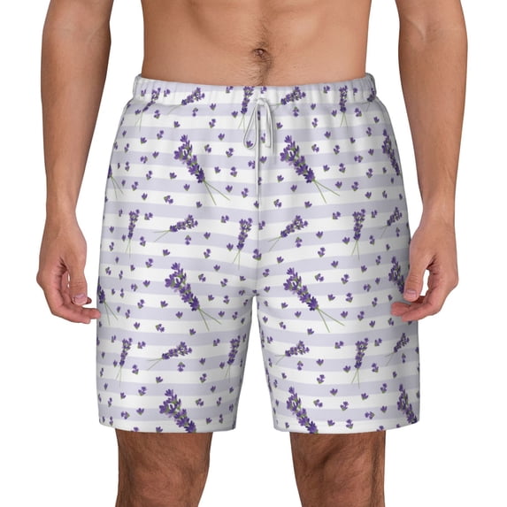 Lsque Mens Swim Trunks Lavender Flowers Pattern - Bathing Suit Compression Liner - Beach Swim Shorts Swimwear - (S-3XL) - Stretch Quick Dry -Small