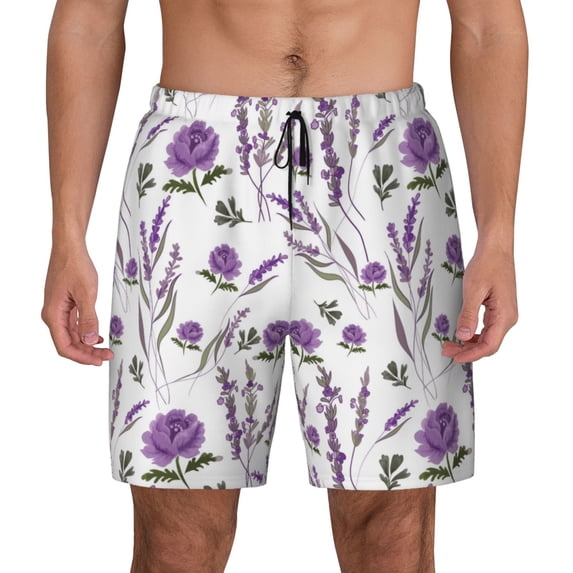 Lsque Mens Swim Trunks Lavender Flowers Pattern - Bathing Suit Compression Liner - Beach Swim Shorts Swimwear - (S-3XL) - Stretch Quick Dry -Small