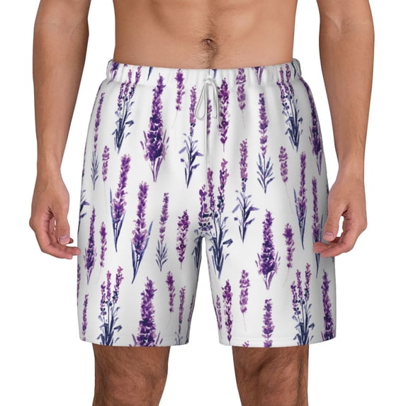 Lsque Mens Swim Trunks Lavender Flowers Pattern - Bathing Suit Compression Liner - Beach Swim Shorts Swimwear - (S-3XL) - Stretch Quick Dry -XX-Large