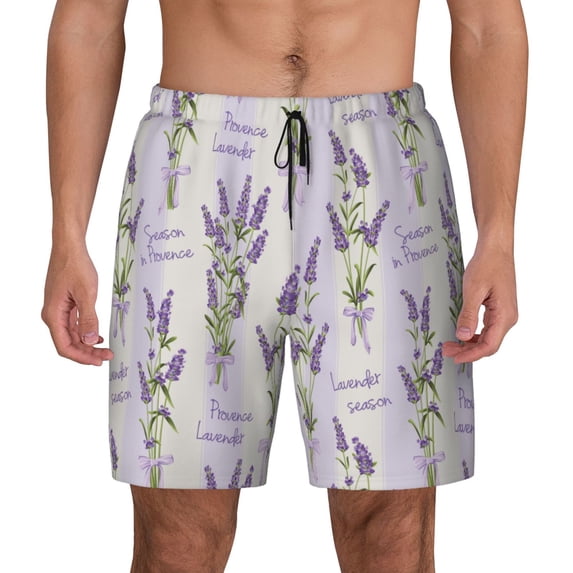 Lsque Mens Swim Trunks Lavender Flowers Pattern - Bathing Suit Compression Liner - Beach Swim Shorts Swimwear - (S-3XL) - Stretch Quick Dry -XX-Large