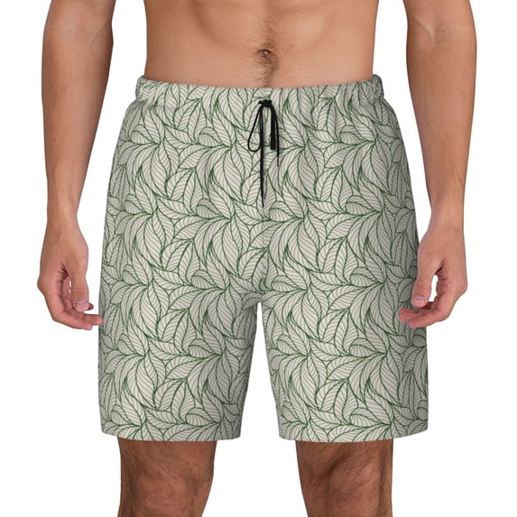 Lsque Mens Swim Trunks Leaves Pattern - Bathing Suit Compression Liner - Beach Swim Shorts Swimwear - (S-3XL) - Stretch Quick Dry -Large