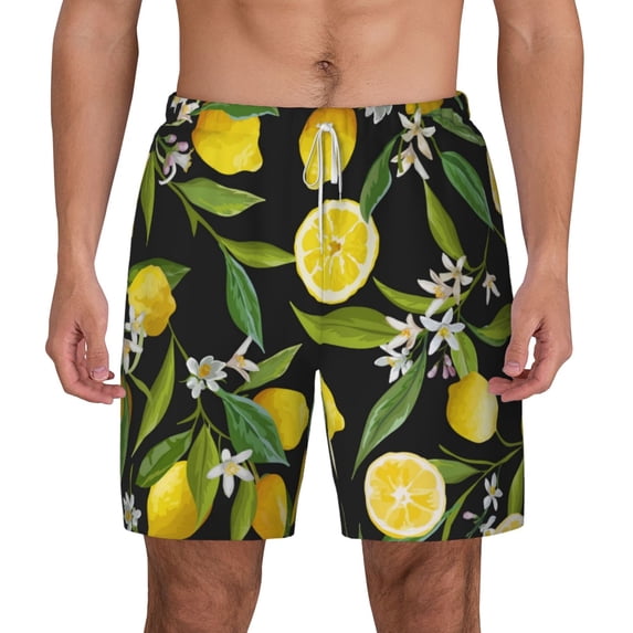Lsque Mens Swim Trunks Lemon Fruits Flowers Leaves Pattern - Bathing Suit Compression Liner - Beach Swim Shorts Swimwear - (S-3XL) - Stretch Quick Dry -X-Large