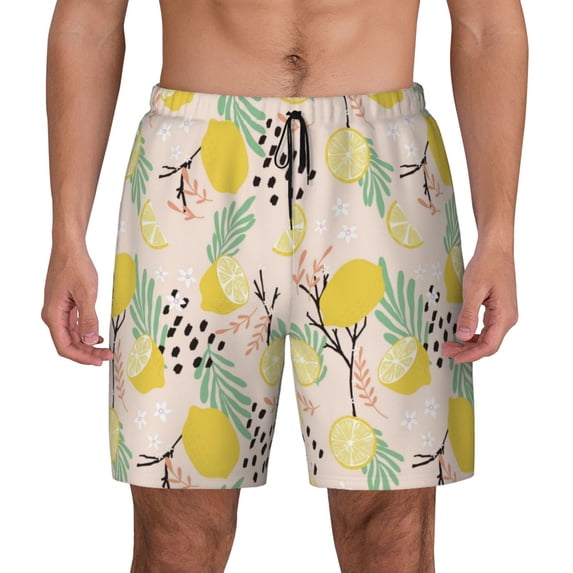 Lsque Mens Swim Trunks Lemon Leaves Pattern - Bathing Suit Compression Liner - Beach Swim Shorts Swimwear - (S-3XL) - Stretch Quick Dry -Large