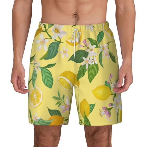 Lsque Mens Swim Trunks Lemon Pattern - Bathing Suit Compression Liner - Beach Swim Shorts Swimwear - (S-3XL) - Stretch Quick Dry -Small