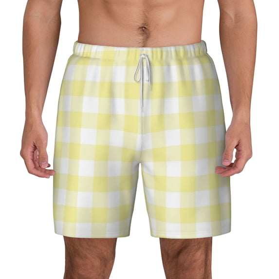 Lsque Mens Swim Trunks Lemon Yellow Checkboard Pattern - Bathing Suit Compression Liner - Beach Swim Shorts Swimwear - (S-3XL) - Stretch Quick Dry -Medium