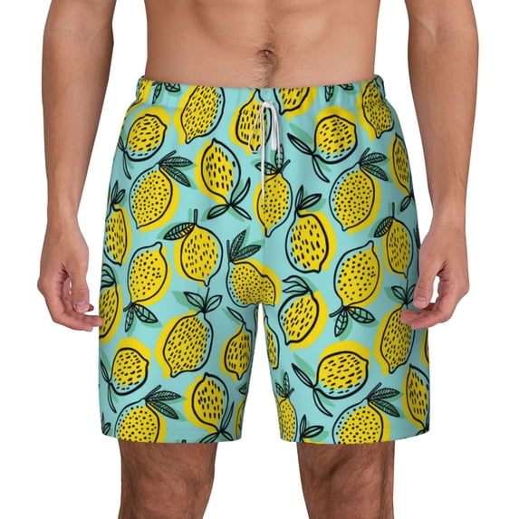 Lsque Mens Swim Trunks Lemon1 Pattern - Bathing Suit Compression Liner - Beach Swim Shorts Swimwear - (S-3XL) - Stretch Quick Dry -Medium