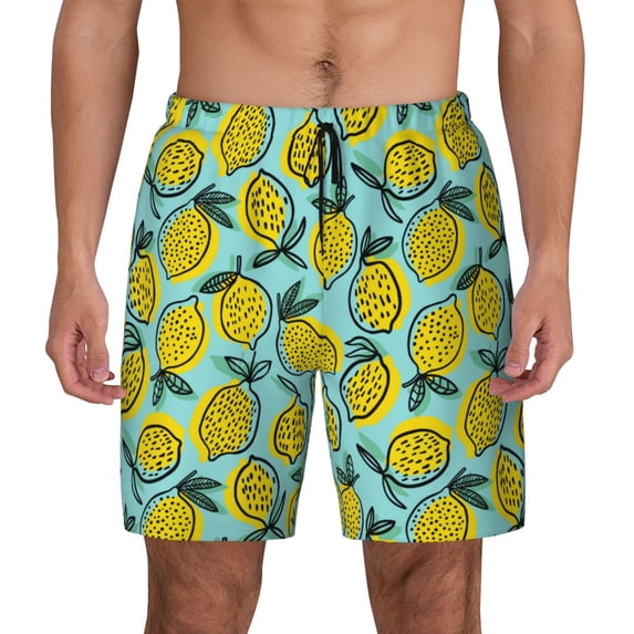 Lsque Mens Swim Trunks Lemon1 Pattern - Bathing Suit Compression Liner - Beach Swim Shorts Swimwear - (S-3XL) - Stretch Quick Dry -Medium