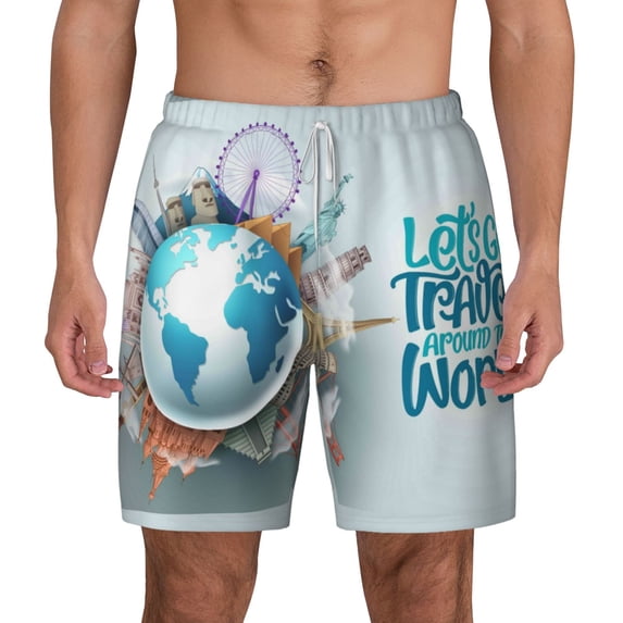 Lsque Mens Swim Trunks Let's go Travel Around the World Pattern - Bathing Suit Compression Liner - Beach Swim Shorts Swimwear - (S-3XL) - Stretch Quick Dry -Medium