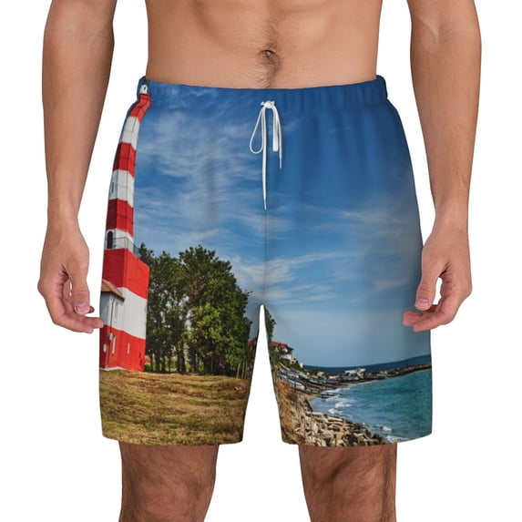 Lsque Mens Swim Trunks Lighthous Pattern - Bathing Suit Compression Liner - Beach Swim Shorts Swimwear - (S-3XL) - Stretch Quick Dry -Small