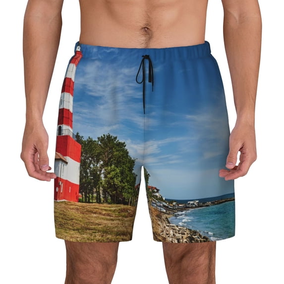 Lsque Mens Swim Trunks Lighthous Pattern - Bathing Suit Compression Liner - Beach Swim Shorts Swimwear - (S-3XL) - Stretch Quick Dry -