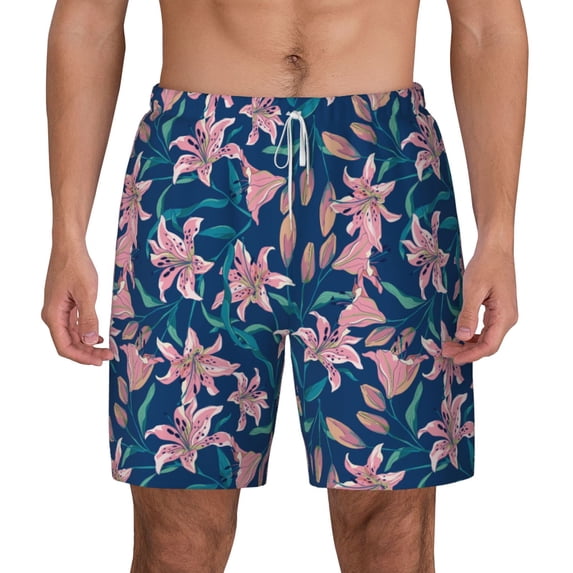 Lsque Mens Swim Trunks Lilies Flowers Pattern - Bathing Suit Compression Liner - Beach Swim Shorts Swimwear - (S-3XL) - Stretch Quick Dry -3X-Large