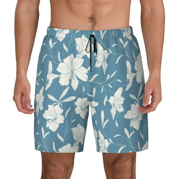 Lsque Mens Swim Trunks Lilies Flowers Pattern - Bathing Suit Compression Liner - Beach Swim Shorts Swimwear - (S-3XL) - Stretch Quick Dry -Large