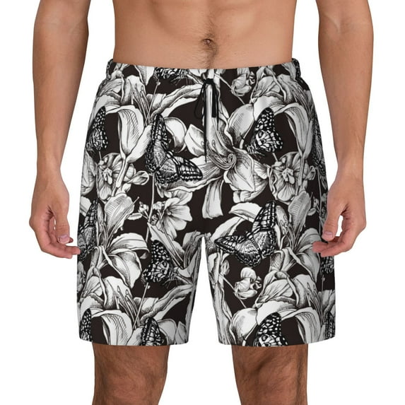 Lsque Mens Swim Trunks Lilies Flowers Pattern - Bathing Suit Compression Liner - Beach Swim Shorts Swimwear - (S-3XL) - Stretch Quick Dry -Large