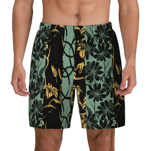 Lsque Mens Swim Trunks Lilies Flowers Pattern - Bathing Suit Compression Liner - Beach Swim Shorts Swimwear - (S-3XL) - Stretch Quick Dry -Medium