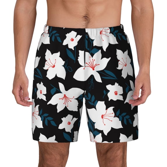 Lsque Mens Swim Trunks Lilies Flowers Pattern - Bathing Suit Compression Liner - Beach Swim Shorts Swimwear - (S-3XL) - Stretch Quick Dry -Medium