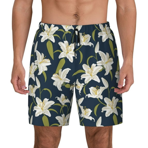Lsque Mens Swim Trunks Lilies Flowers Pattern - Bathing Suit Compression Liner - Beach Swim Shorts Swimwear - (S-3XL) - Stretch Quick Dry -X-Large