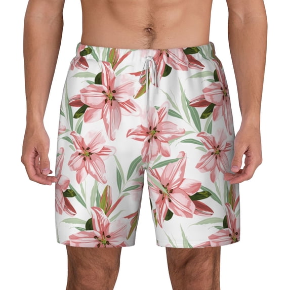 Lsque Mens Swim Trunks Lilies Flowers Pattern - Bathing Suit Compression Liner - Beach Swim Shorts Swimwear - (S-3XL) - Stretch Quick Dry -X-Large