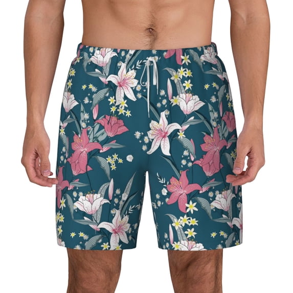 Lsque Mens Swim Trunks Lilies Flowers Pattern - Bathing Suit Compression Liner - Beach Swim Shorts Swimwear - (S-3XL) - Stretch Quick Dry -XX-Large