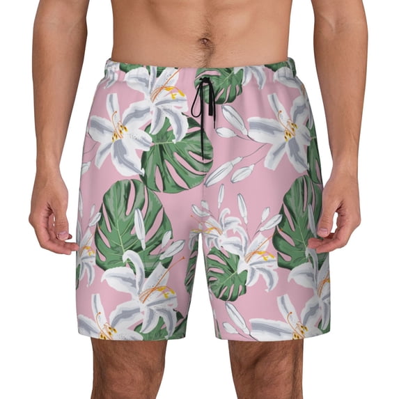 Lsque Mens Swim Trunks Lilies Flowers Pattern - Bathing Suit Compression Liner - Beach Swim Shorts Swimwear - (S-3XL) - Stretch Quick Dry -Small