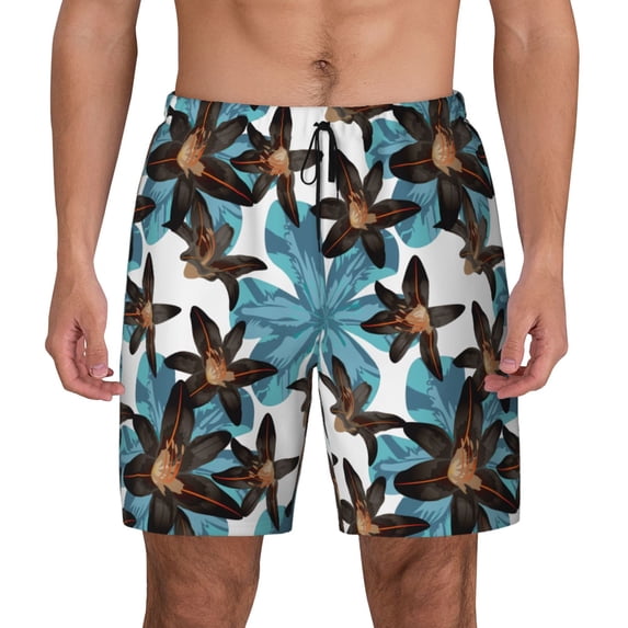 Lsque Mens Swim Trunks Lilies Flowers Pattern - Bathing Suit Compression Liner - Beach Swim Shorts Swimwear - (S-3XL) - Stretch Quick Dry -