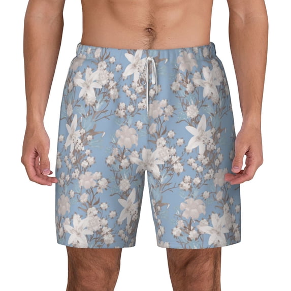 Lsque Mens Swim Trunks Lily Flower Pattern - Bathing Suit Compression Liner - Beach Swim Shorts Swimwear - (S-3XL) - Stretch Quick Dry -Large