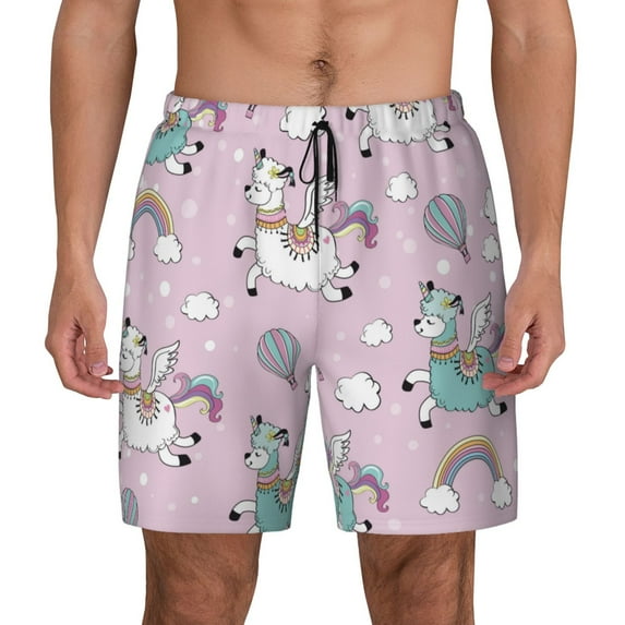 Lsque Mens Swim Trunks Llama Unicorn and Rainbow Pattern - Bathing Suit Compression Liner - Beach Swim Shorts Swimwear - (S-3XL) - Stretch Quick Dry -Small