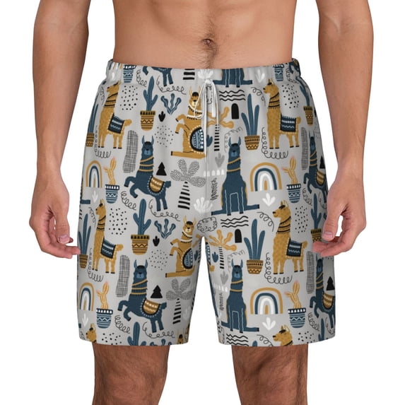 Lsque Mens Swim Trunks Llama and Cactus1 Pattern - Bathing Suit Compression Liner - Beach Swim Shorts Swimwear - (S-3XL) - Stretch Quick Dry -Large