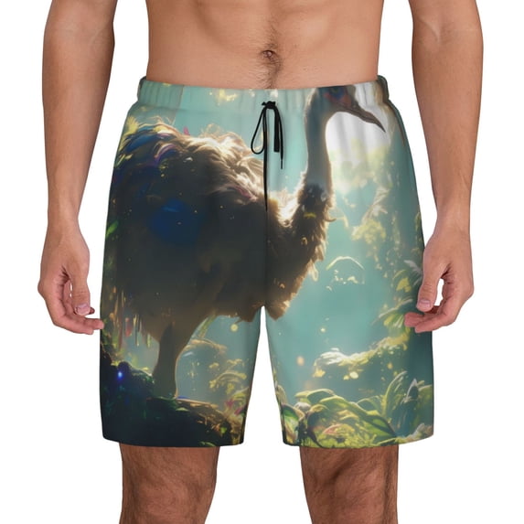 Lsque Mens Swim Trunks Majestic Ostrich In Forest Pattern - Bathing Suit Compression Liner - Beach Swim Shorts Swimwear - (S-3XL) - Stretch Quick Dry -Small