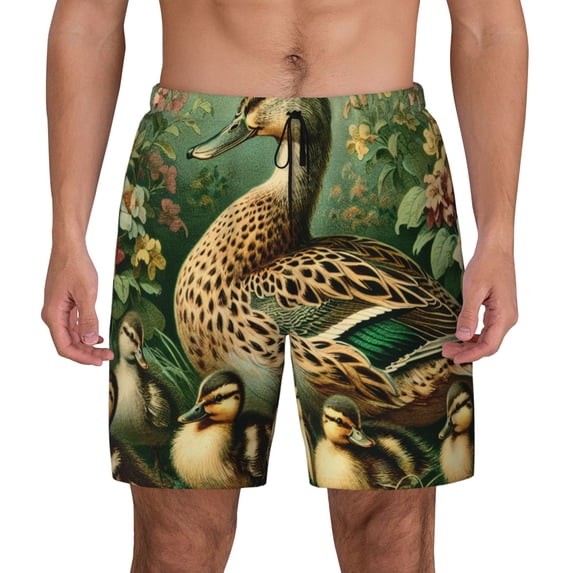 Lsque Mens Swim Trunks Mallard Duck And Flowers Pattern - Bathing Suit Compression Liner - Beach Swim Shorts Swimwear - (S-3XL) - Stretch Quick Dry -Large