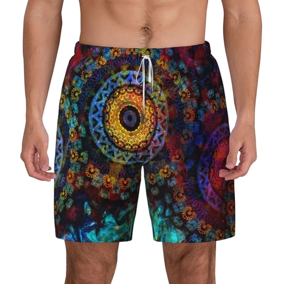Lsque Mens Swim Trunks Mandala Colorful Pattern - Bathing Suit Compression Liner - Beach Swim Shorts Swimwear - (S-3XL) - Stretch Quick Dry -Large