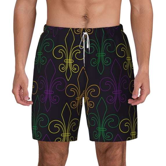 Lsque Mens Swim Trunks Mardi Gras Carnival Pattern - Bathing Suit Compression Liner - Beach Swim Shorts Swimwear - (S-3XL) - Stretch Quick Dry -X-Large