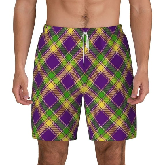 Lsque Mens Swim Trunks Mardi Gras Plaid Pattern - Bathing Suit Compression Liner - Beach Swim Shorts Swimwear - (S-3XL) - Stretch Quick Dry -Small